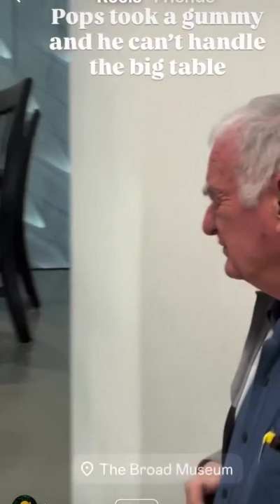 Dad can’t handle looking at a huge table exposition at the museum because he took a gummy