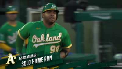[Highlight] [Highlight] Jesus Aguilar hits his second home run of the game; this one bounces off Mike Trout's glove.