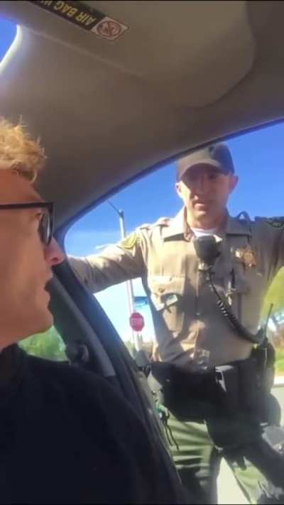 Cop on a power trip. Stops him for speeding and threatens to pepper spray him if he doesn’t exit his car for ‘safety’ reasons.