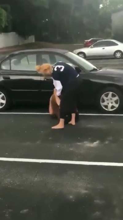Woman With Machine Gun Arms Puts Her Neighbor On The Ground