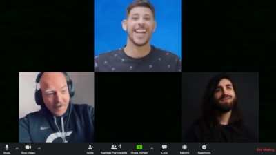 Ryan, Frank and Dani sing Dame Da Ne on a Zoom meeting after the Brawl Talk.