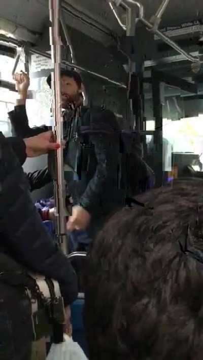 (NYC) Guy in bus refuses to wear mask, so bus driver halts bus. Citizens angry at anti-masker. Anti-masker tricked to get off bus, and is blocked from getting back into it.