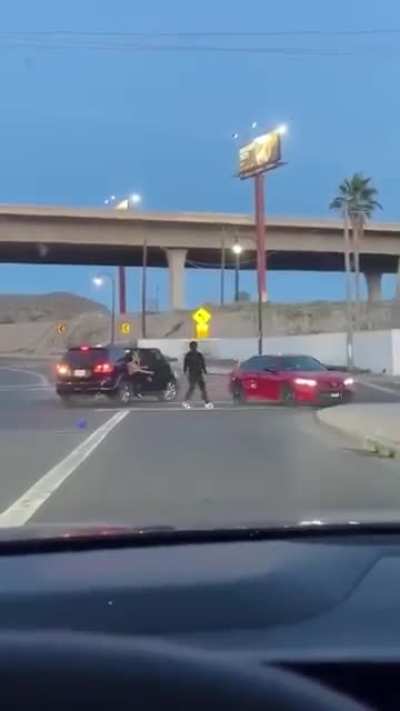 Man attacks occupied car with bare hands and the predictable ensues