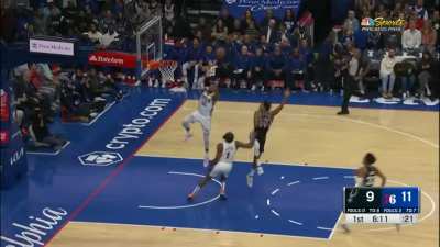 [Highlight] James Harden steals the Tre Jones pass and alley oops to Tobias Harris on the fast break for the dunk. Harden has made 4 assists (no turnovers) in less than 6 minutes.
