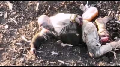 A Russian drone batters a Ukrainian squad with VOGs, leaving multiple dead and causing one to lose his arm and leg. Near Bakhmut, Donetsk Region, Ukraine. November, 2023.