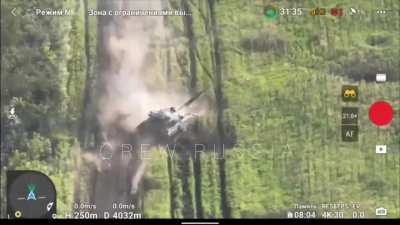 RU pov: Lancet drone destroyed a Ukrainian tank in the Svatove direction.