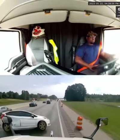 Semi goes for the double tap on a sedan