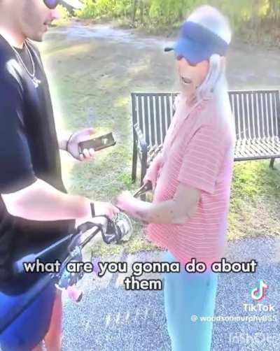 Old Karen grabs two young men's rods,won't let go & tries to take a bite out of one