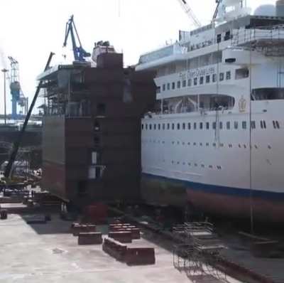 In 2009 the cruise ship Braemar was cut in half and lengthened by 31.2m. This added accommodation for an additional 250 passengers, increasing the total passenger capacity from 727 to 977. It also added a Observatory Lounge, Restaurant, and pool area with