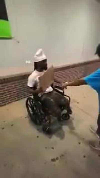 Grandma beating grandson with no legs