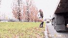Isabel Dark lifts up her miniskirt to relieve her piss desperation next to a truck