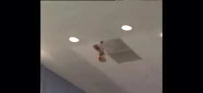 Flying dildo makes guy at Russian press angry