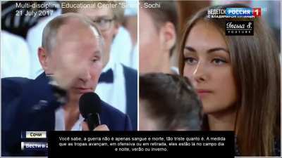Putin explicando o motivo de não ter usado guarda-chuva em evento solene da Segunda Guerra Mundial