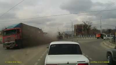 Russia. Truck had a brake failure and then hits two car/trucks. No one dead