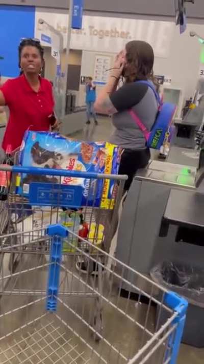 Ladies screams uncontrollably because she cut infront of male shopper