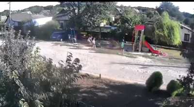 In Marhanets, Dnipropetrovska oblast, children were playing in a playground when the shelling started, they ran to their homes to escape. This footage shows the cruel reality that Ukrainian children are forced to live in