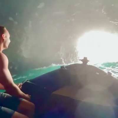 Waiahuaka Cave. At 1,155 ft, it's the world's 2nd longest sea cave, accessible only by zodiac raft.