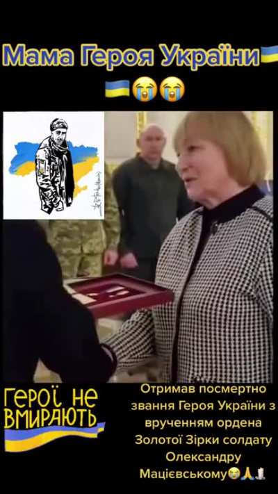 The mother of, the captured Ukrainian soldier who defiantly said “Glory to Ukraine” before being brutally murdered by Russian soldiers on video, has receive a posthumous state award from Zelensky.
