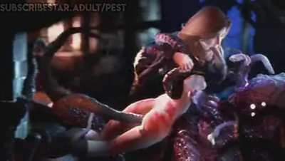 Submissive woman drilled all the way through with tentacles