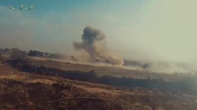 Hammas engages IDF armored vehicles. First vheichle is Namer (APC), second is a Merkava (Tank)