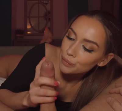 Her fast strokes and eye contact make him cum