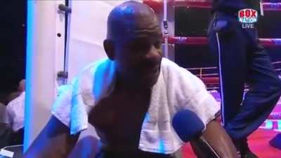 After knocking out David Price for the second time, Tony 'The Tiger' Thompson ends his interview by asking for a donation to help his wife.