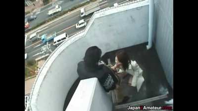 Japanese Girl With A Cute Laugh Giving A Blowjob And Getting Fucked On Apartment Stairs