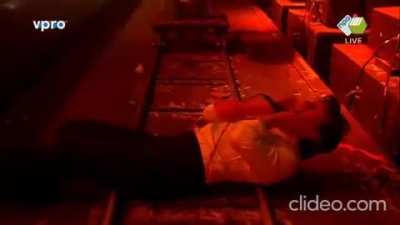 Alex almost being hit by a train during Lowlands Festival 2016