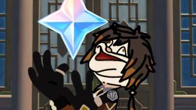 Zhongli holding a Primogem to bless your pulls