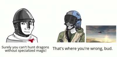 Modern fighters will always beat fantasy dragons, simple as