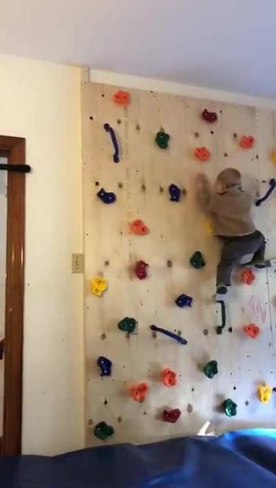 Father built his kid a climbing wall to get him to stop climbing furniture and it only made the tot more stronger