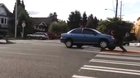 Idiot pushes his car drove over a signboard
