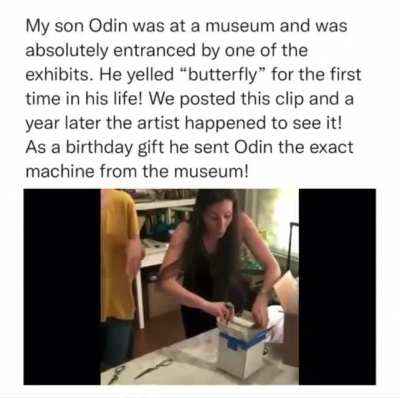 The artist saw the video of this guy loving his artwork so he surprised him on his birthday with the actual machine.