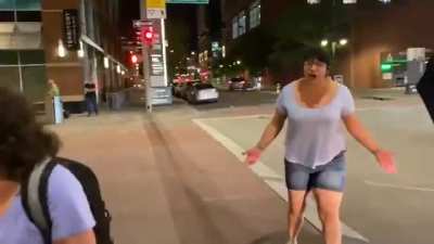 Woman in Denver last night confronts protesters who threw a rock at her car. They claim it was justified because she honked at them while they were blocking traffic