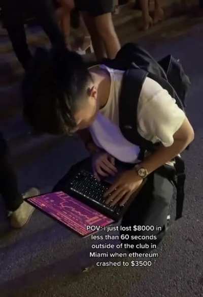 Dude brings a backpack and laptop to the club for crypto trading. Acts up because he makes loss