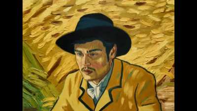 Saoirse Ronan in a scene from the movie Loving Vincent, where every frame is literally a painting. It took 125 painters, from 20 countries, 6 years to paint 65,000 frames for a feature-length film about Vincent Van Gogh.