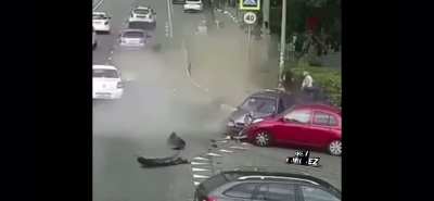 Car collides with multiple persons and starts a fire too