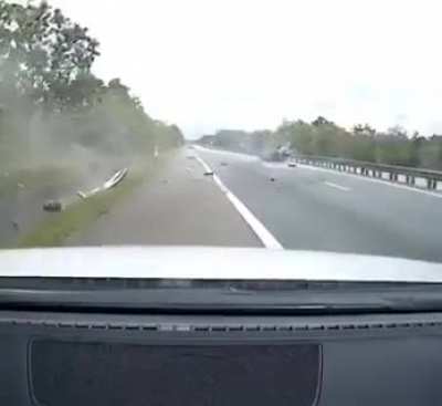 Tyre burst causes lorry to crash on car