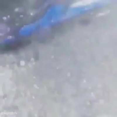 Guy on a snowmobile jet skiing on his pool