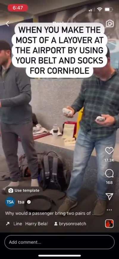 When you make the most of a layover by playing cornhole with your belt and socks