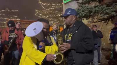 Brass Solidarity band, made up of community members around George Floyd Square, covering Sam Cooke’s “A Change Is Gonna Come” at the Abolish ICE Festival in Minneapolis, across the street from where federal agents murdered Alex Pretti in January.