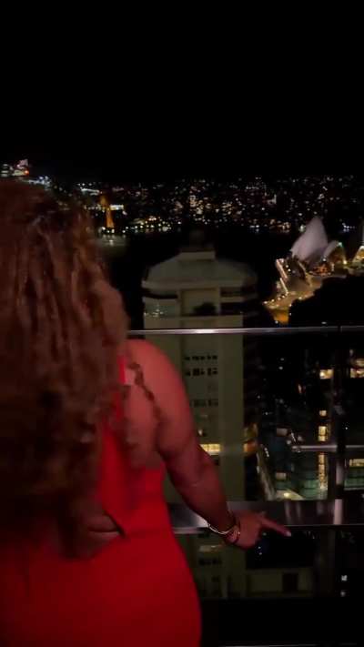 Joy’s dress and view on vacation, from IG 2.19.2026