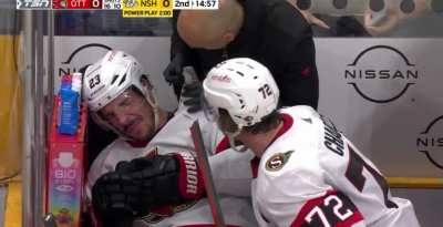 Angry Chabot hits Hamonic with stick on bench