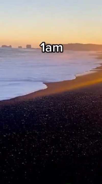 The Iceland Midnight Sun, also known as 'polar day', is a natural phenomenon that occurs during the summer months when the sun remains visible 24 hours a day.