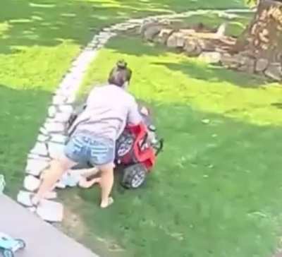Kid runs over toddler