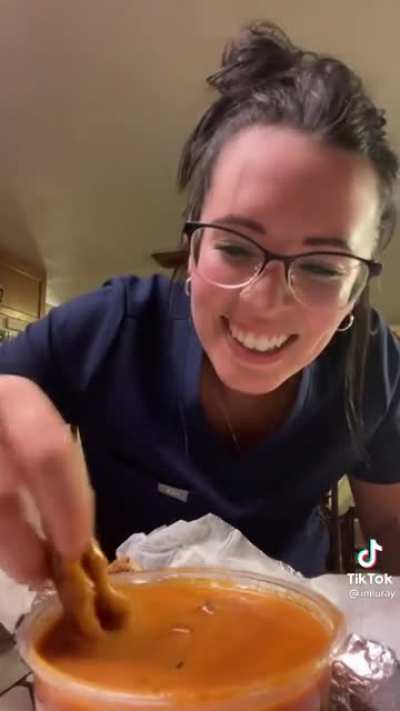 Her excitement to try Indian food for the first time ever after a 12-hour shift!!