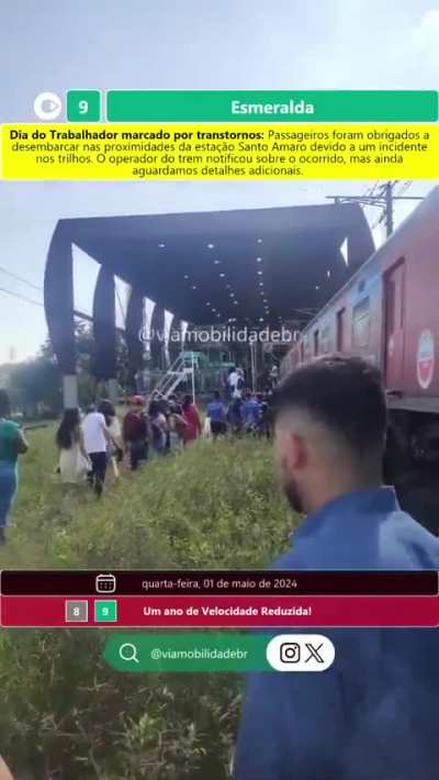 Linha 9 privatizada: 1º de Maio, e o trabalhador tendo de andar a pé no trilho. 5 reais a tarifa. Os donos da linha são bilionários.