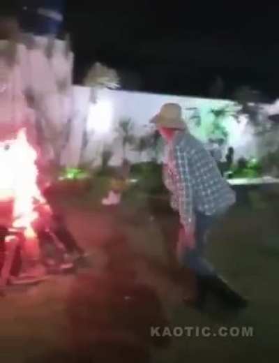 Dumbass toasts his nuts.