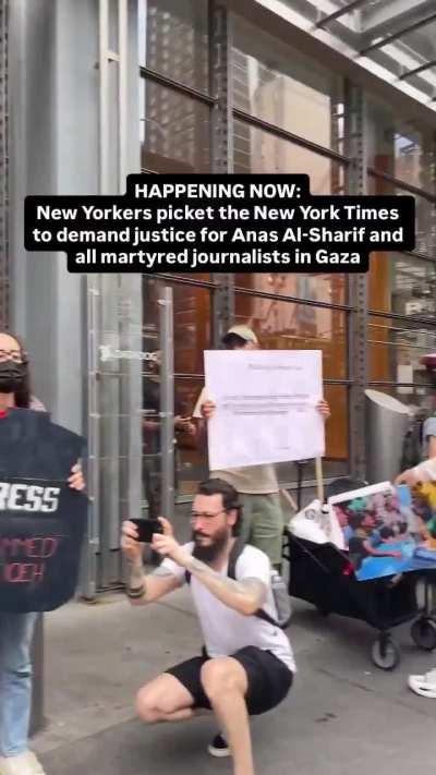 Dozens of activists gathered outside the New York Times building demanding justice for Anas Al‑Sharif and more than 300 Palestinian journalists killed by Israeli forces since October 2023.