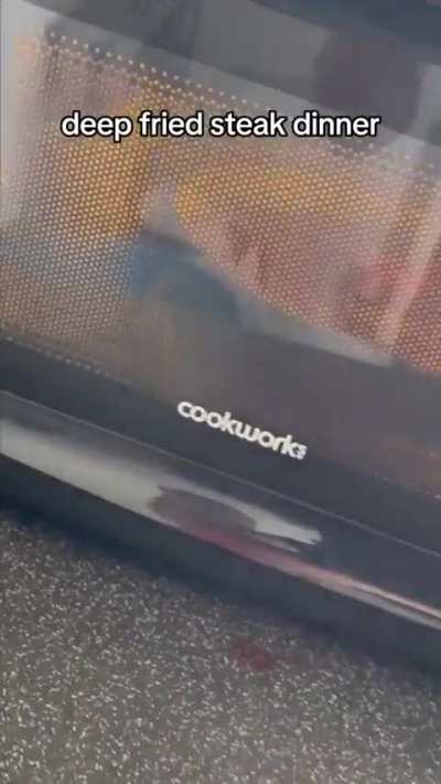 Microwaved deep fried steak. Sounds wonderful. 